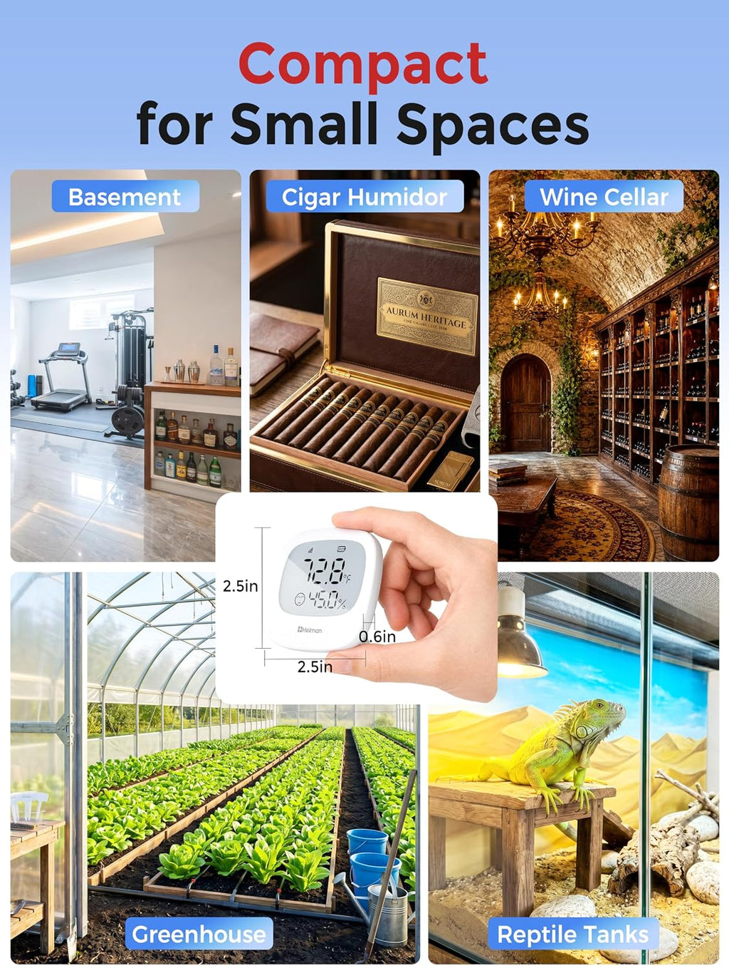 Heiman WiFi Temperature and Humidity Monitor compact design for small spaces, suitable for various indoor environments like living rooms and offices.

