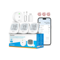 Heiman WiFi Temperature and Humidity Monitor, Mini 3 Pack with Gateway, featuring three compact white sensors, a gateway hub, and a smartphone app showing real-time data.

