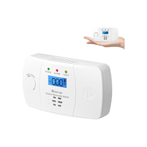 Heiman HM-722ESY-G Kohlenmonoxid Melder mit LCD-Display und elektrochemischem Sensor, kompaktes weißes Gehäuse mit digitaler Anzeige, gezeigt in einer Hand.


