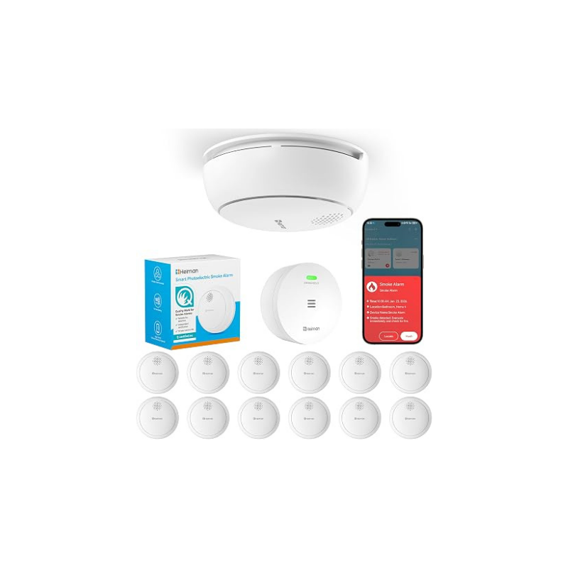 Heiman HM2SA-1W-T Rauchmelder 3er-Set mit Gateway, Smart Smoke Alarm WiFi Set, 3 weiße Rauchmelder mit 10 Jahren Batterielebensdauer und Produktverpackung.

