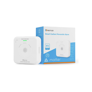 Heiman HS-725ES-M Smarter Kohlenmonoxid Melder mit Matter Over Thread, intelligenter CO Melder mit digitaler Anzeige und Produktverpackung.

